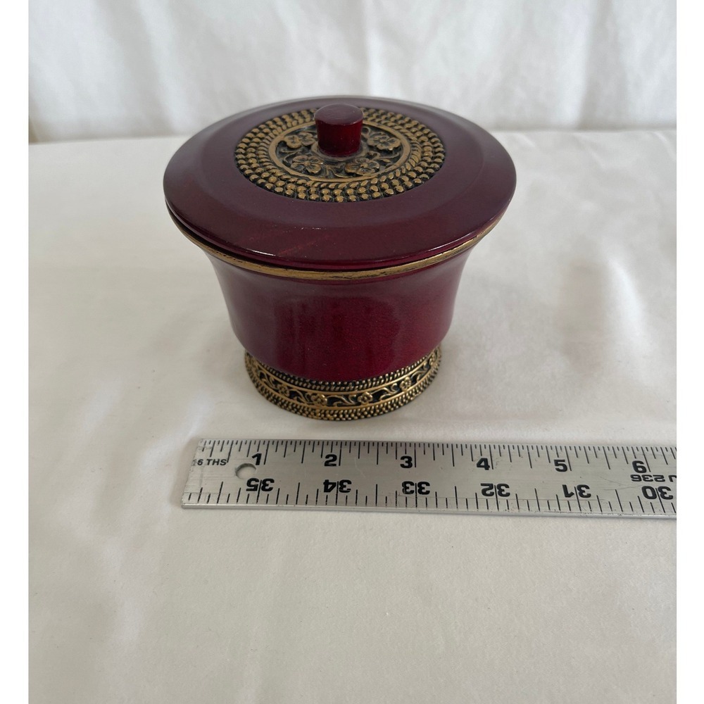 Trinket Box Gold Filigree Ornate Decorative Jewelry Jar 4" Burgundy Lidded - Picture 2 of 3